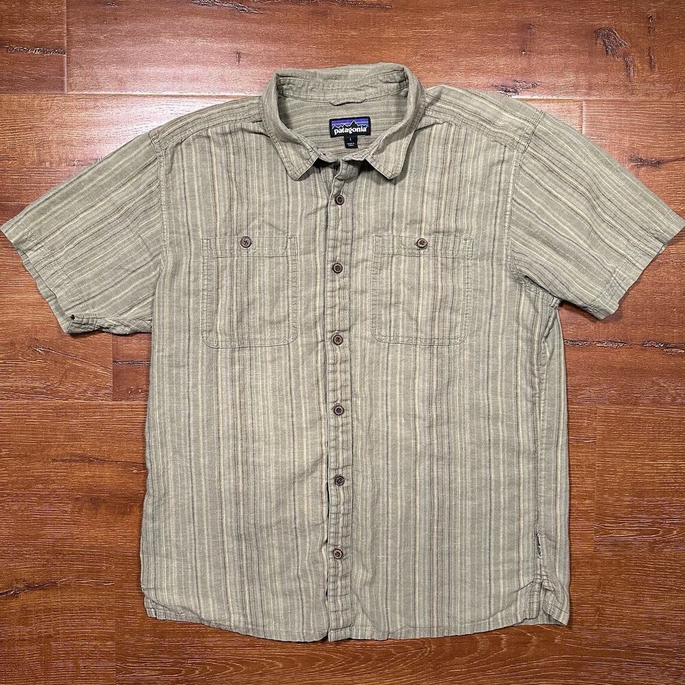 Patagonia Button Up Shirt Mens Large Green Stripe Hemp Organic Cotton Pocket